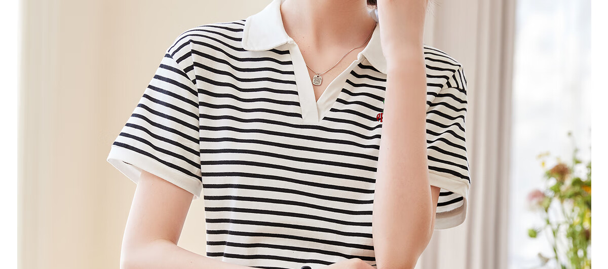 PinCai Women's Summer Short Sleeve V-Neck Polo Shirt Striped Letter Cherry Fashion Base Top P143T1550 28