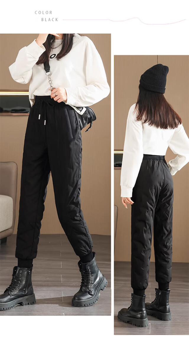 LangSha Women's Down Pants for Outdoor Wear, Winter Fleece-Lined White Duck down Trousers, Women's Tapered Leg Windproof Cotton Pants, Thickened Warm Pants, Black 21