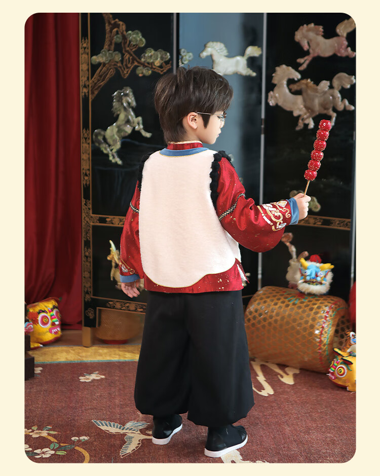 Qibo Boys' New Year Outfit, Winter Visiting Clothes for Children, 2026 New Style Chinese-Style Tang Suit, Golden Lion Blessing Pants, Size 160 5