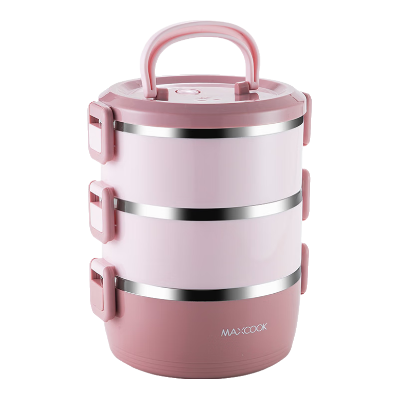 MAXCOOK 304 Stainless Steel Insulated Lunch Box with Handle, Three-Layer Student Lunch Box Bento Box with Utensils, Cherry Blossom Pink MCFT629