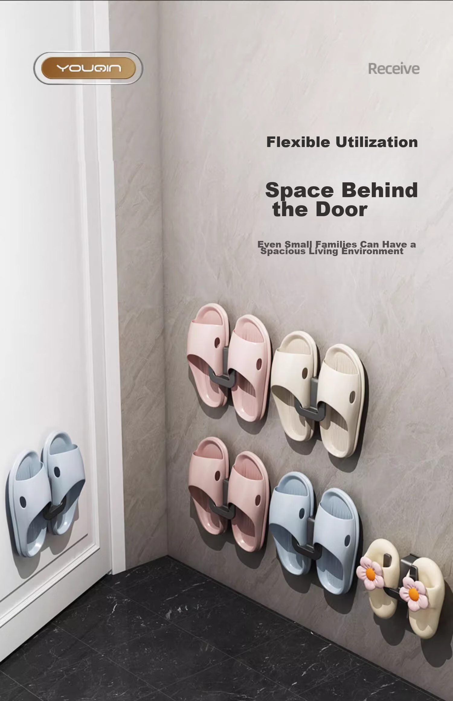 YOUQIN Slippers Storage Rack, No Drilling Required, Wall-Mounted Bathroom Slipper Holder, Behind-Door Shoe Rack with Drip Hooks 11