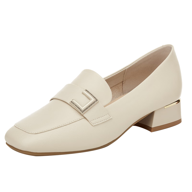 DAPHNE Women's Single Shoes, Retro Square Toe with Buckle Loafers, Chunky Heel Slimming Slip-On Commuter Shoes 4623101007 Beige 35