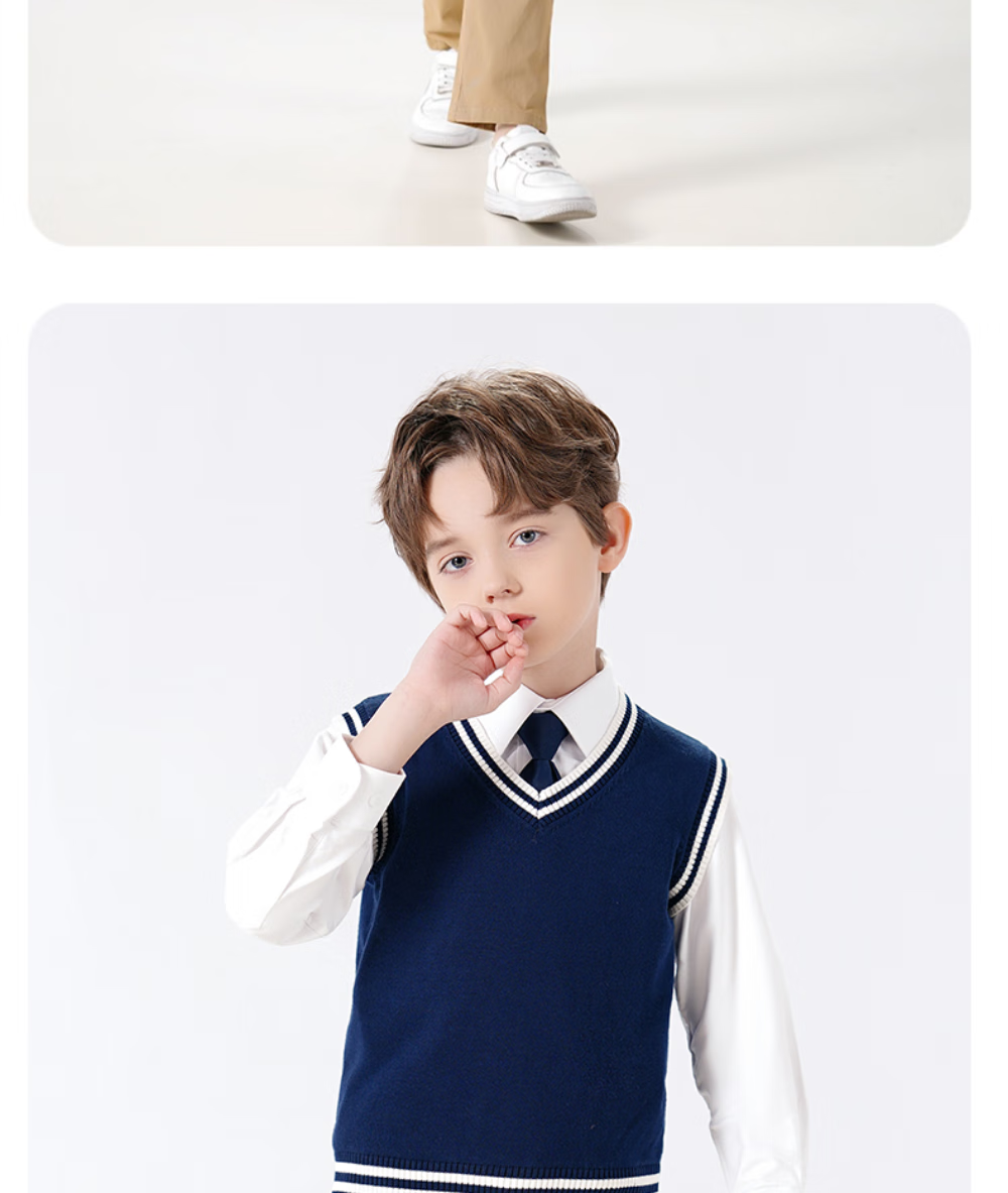 Luomeng Children's School Uniform Spring And Autumn Boys Girls Knitted Vest Set, Navy Blue White Trim Knitted Waistcoat, Size 150 16