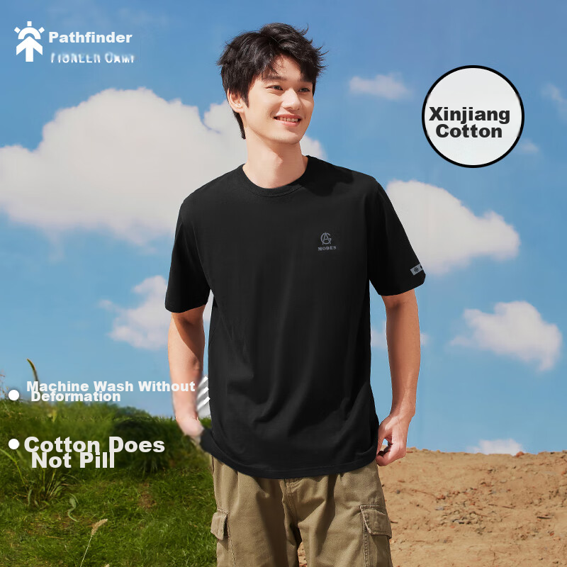Pioneer Camp Summer Short-Sleeve T-Shirt for Men, Round Neck Loose Casual Student Top, Pure Cotton Printed Menswear, Black, M
