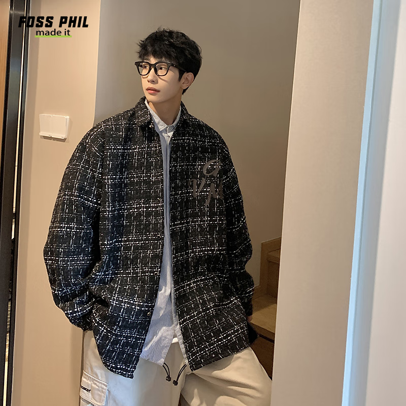 Foss Phil Men's Jacket, Spring And Autumn Fashion Brand Chanel-Style Coat, Plaid Lapel, Korean Version Loose Outerwear, FPJK10 Black M