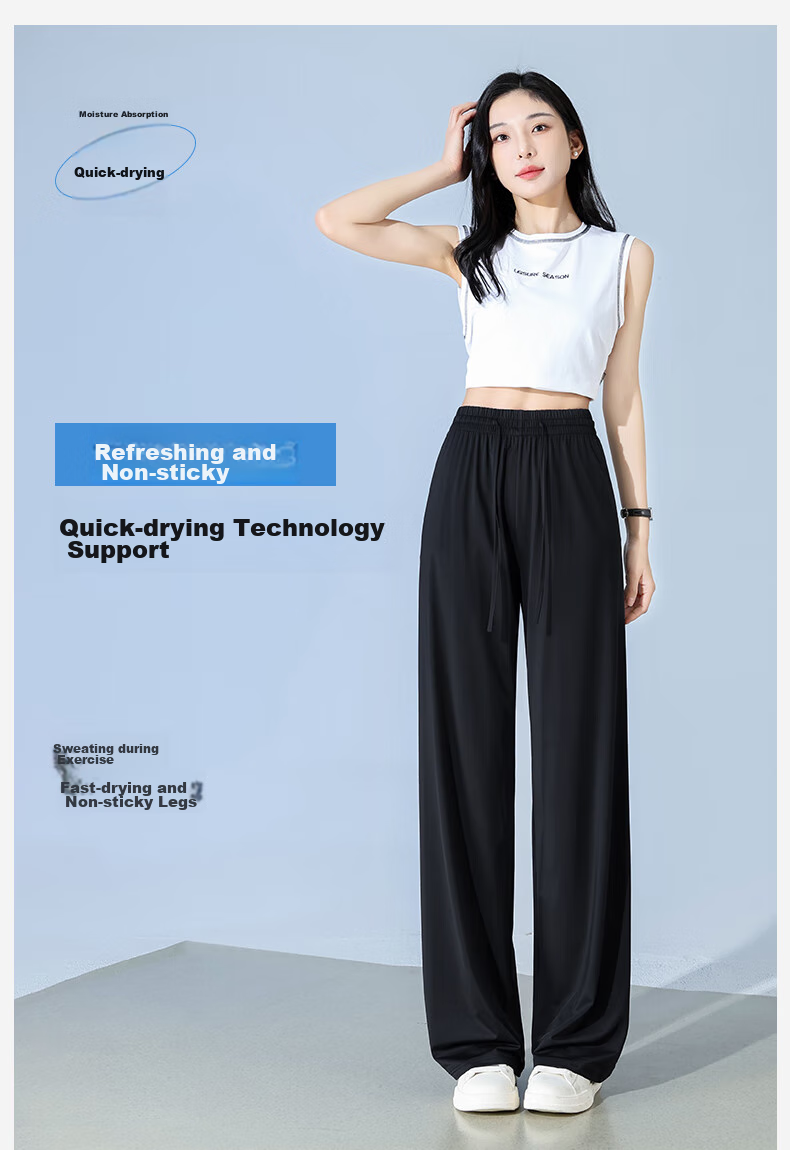 FitonTon Slim Ice Silk Sun Protection Wide-Leg Pants for Women, Summer Cool Thin High-Waist Draping Slimming Straight Casual Pants 2