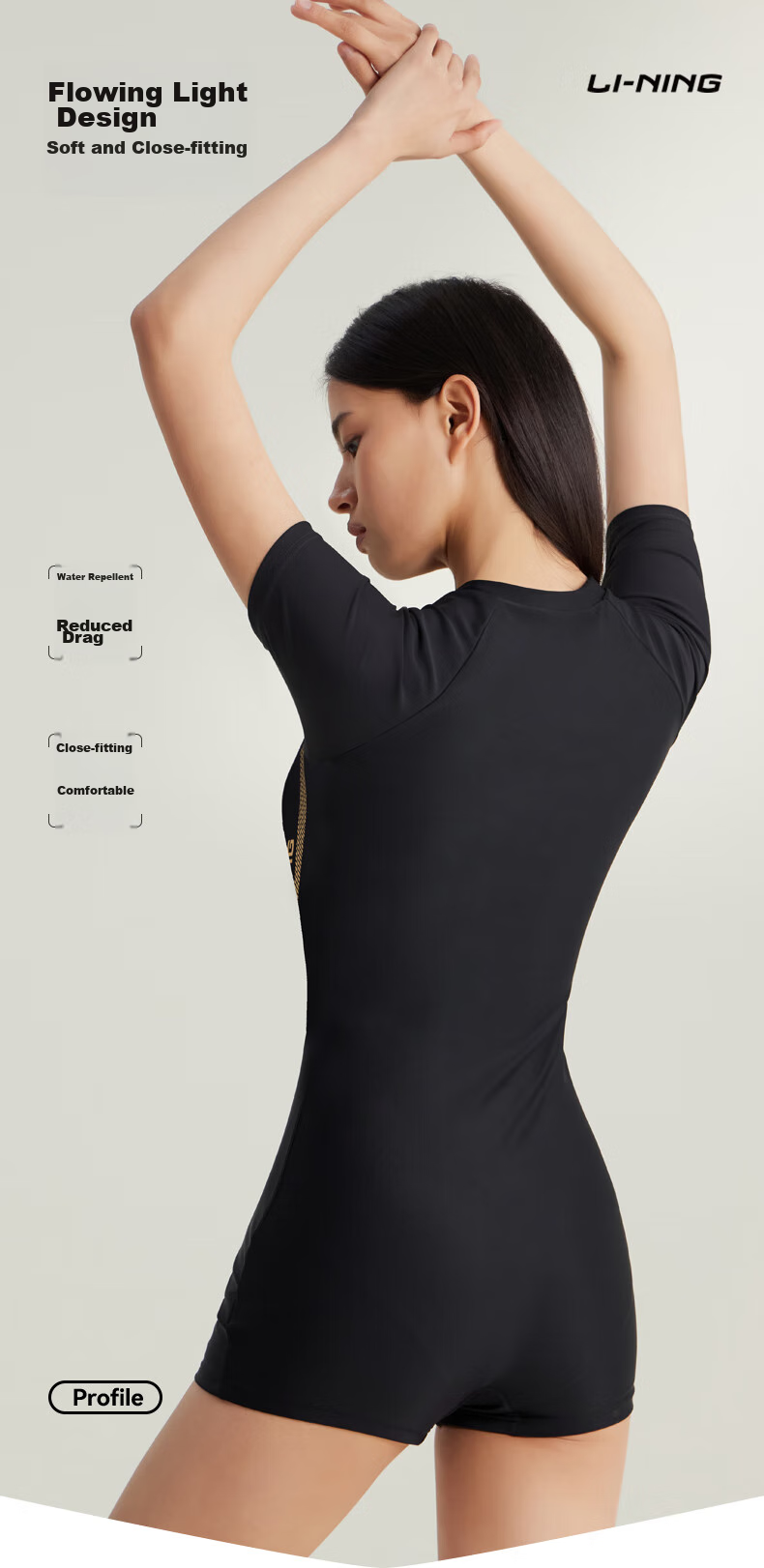 Li-Ning One-Piece Swimsuit for Women, Square-Leg Swimming Costume, Professional Athletic Conservative Slimming Hot Spring Swimwear, 7561 Black Gold XXXL 7