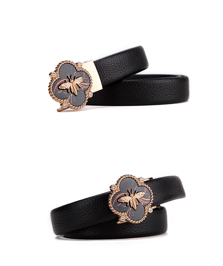 CROCODILE Top-Grain Genuine Leather Versatile Women's Automatic Buckle Belt, Exquisite Bee Buckle Waist Belt, 12821 Black 12