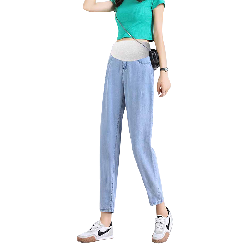 JOYNCLEON Maternity Summer Thin Denim Pants Nine-Point Casual Dad Jeans Light Blue L Jyk176496