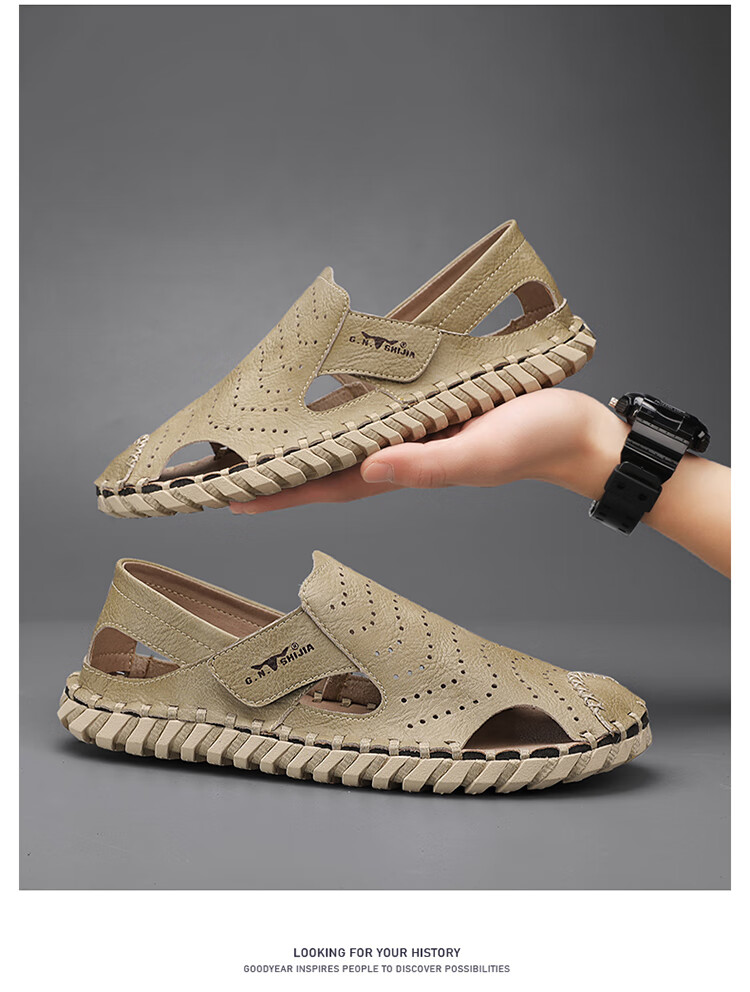 Bull Family Leather Sandals Summer Beach Shoes Men's Driving Outdoor Casual Trendy Soft Leather Soft Sole Handmade Hole Sandals 15