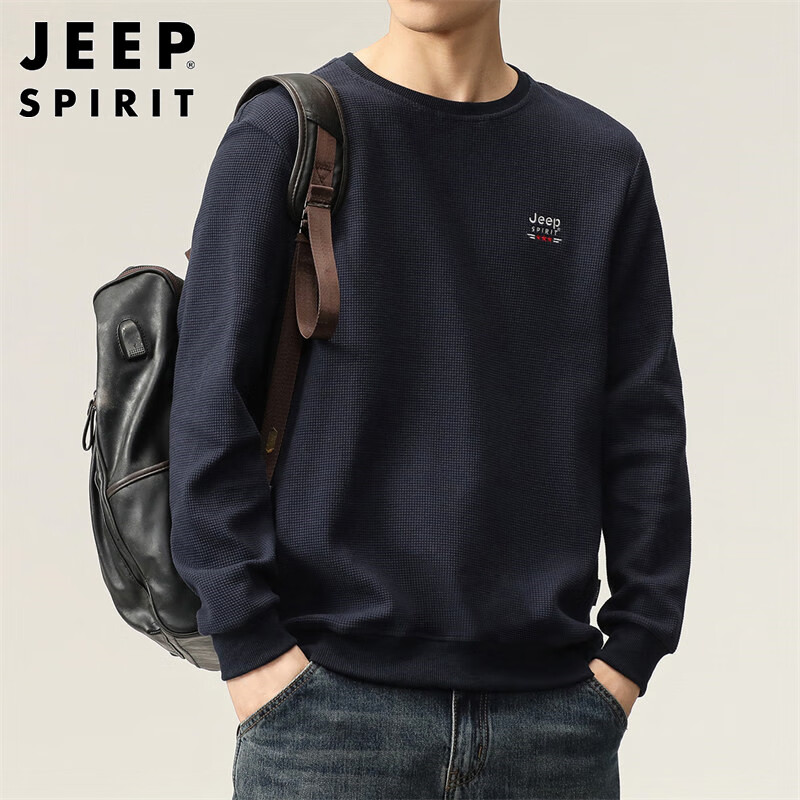 Мужская толстовка JEEP SPIRIT, осенняя, с круглым вырезом, лонгслив из вафельного трикотажа, темно-синий, XL