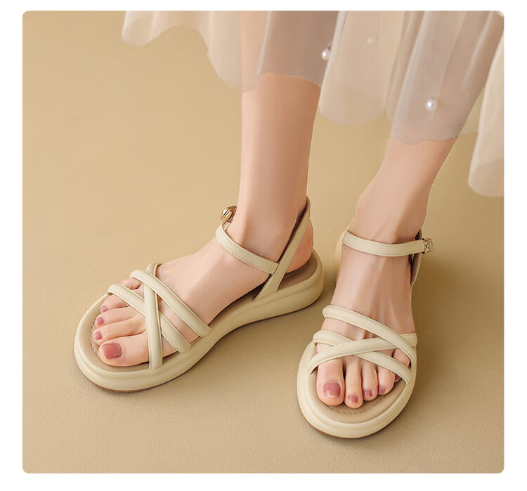 ZHR Women's Sandals, French Simple Style with Thin Straps, Versatile Women's Shoes, Thick-Soled Comfortable Footwear, AY160, Light Yellow, Size 35 12