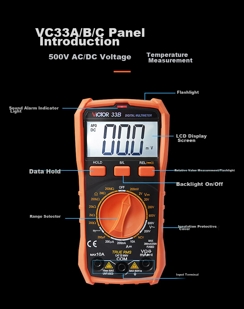VICTOR Pocket Digital Multimeter, Portable Multi-Function Meter with Backlit Display, Universal Meter for Home Use, VC33B 7