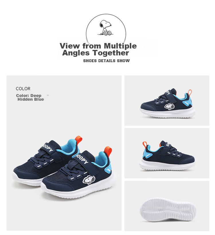 SNOOPY Boys' Sports Shoes, Children's Lightweight Running Shoes, Soft-Soled Shoes for Older Kids, 3811 Deep Navy Blue, Size 26 7