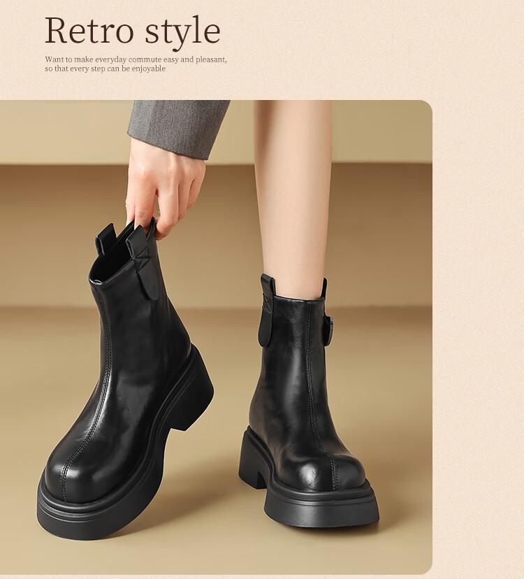 ZHR Women's Winter Vintage British Style Martin Boots with Fleece, Chunky Heel, Thick Sole Short Boots KN02A Black Size 38 4
