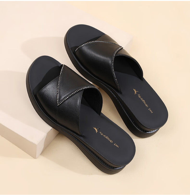 RED DRAGONFLY Women's Slippers, Summer Outdoor Wear, Thick-Soled Wedge Sandals, Soft-Bottom Leather Flat Slippers, WTK233791 7