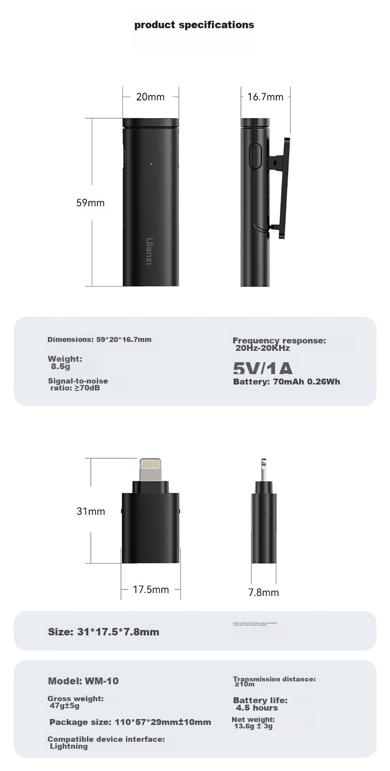 Ulanzi WM-10 Wireless Lavalier Microphone (Lighting Version) One-To Vlog Interview Outdoor Interview Live Streaming Mobile Direct Plug-In Microphone 10
