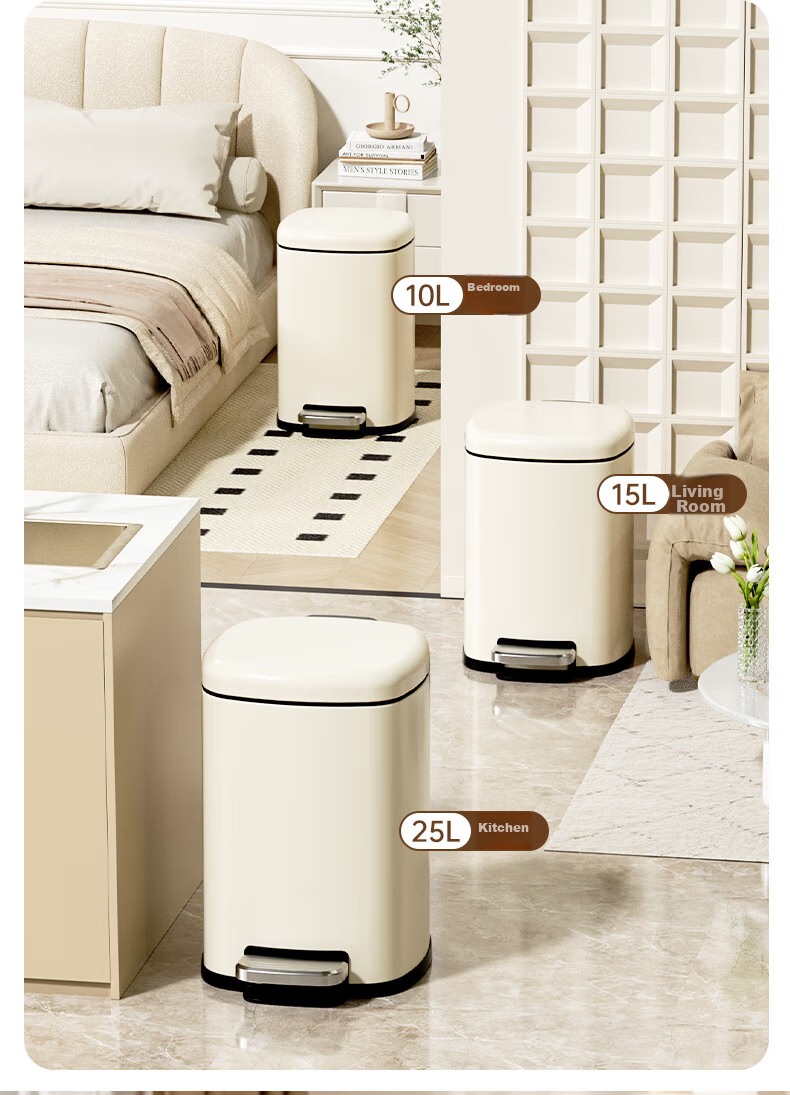 AKBK Kitchen Trash Can, 10L Capacity, with Lid, Stainless Steel Pedal-Operated, Suitable for Living Room, Bedroom, Bathroom, Office, Large Size, Cream-Colored 6