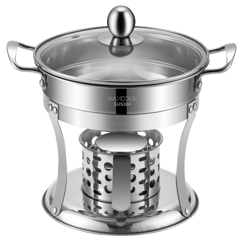 MAXCOOK 304 Stainless Steel Hot Pot Alcohol Stove Mini Hot Pot Dry Pot Compatible with Liquids And Solids Hot Pot Spoon 18cm MCT3096