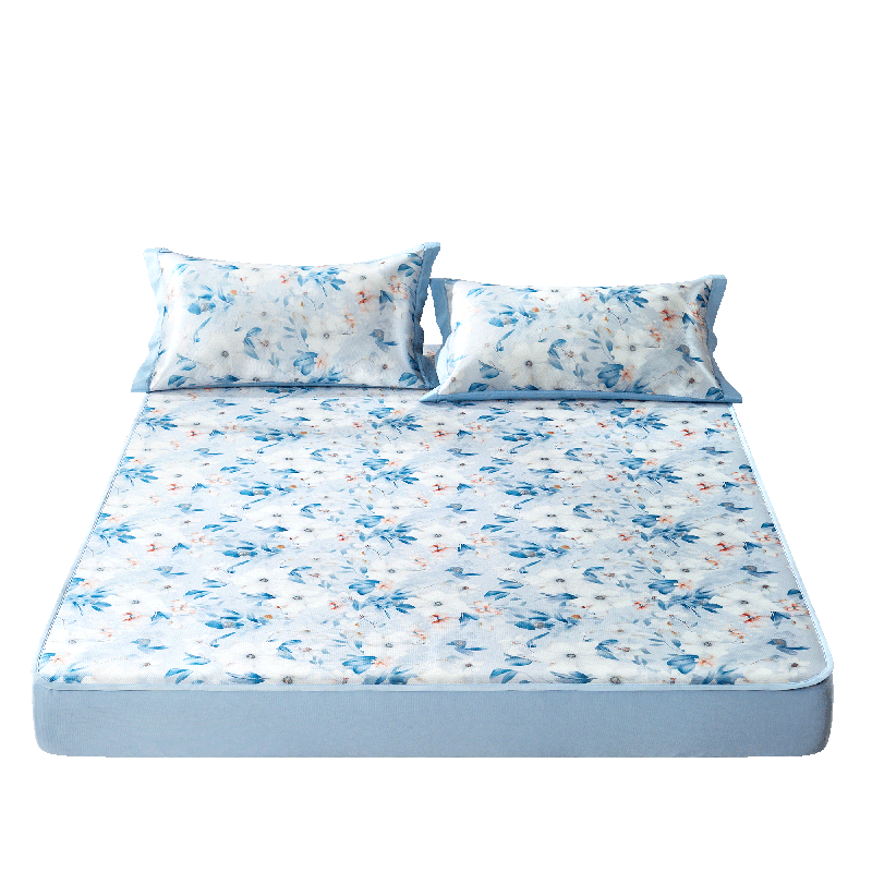 FUANNA Ice Silk Cooling Mat, Cool-Feeling Printed Soft Mat Fitted Sheet Style Double Set of Three Pieces, Gray 1.5*2 Meters [Washable]