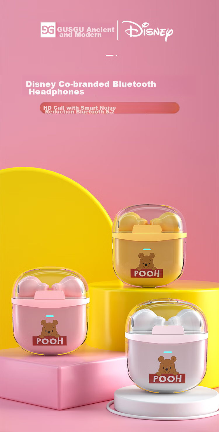 GUSGU Disney Co-Branded True Wireless Bluetooth Earphones, Semi-In Music Sports Running Noise-Cancelling Earphones, Compatible with Apple Huawei Xiaomi Phones, Pink FX-902V 1
