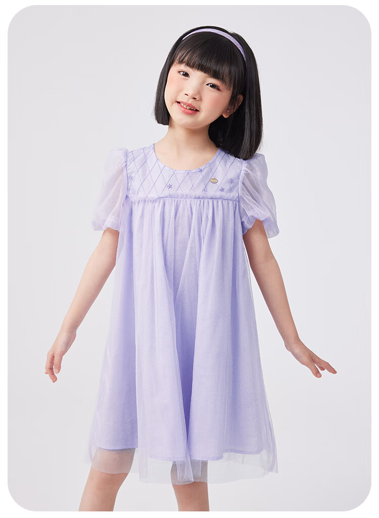 QQ DUCK Girls' Dress, Children's Summer Puff Sleeve Princess Tulle Skirt, Sweet Performance Gown for Teenagers, Purple 12