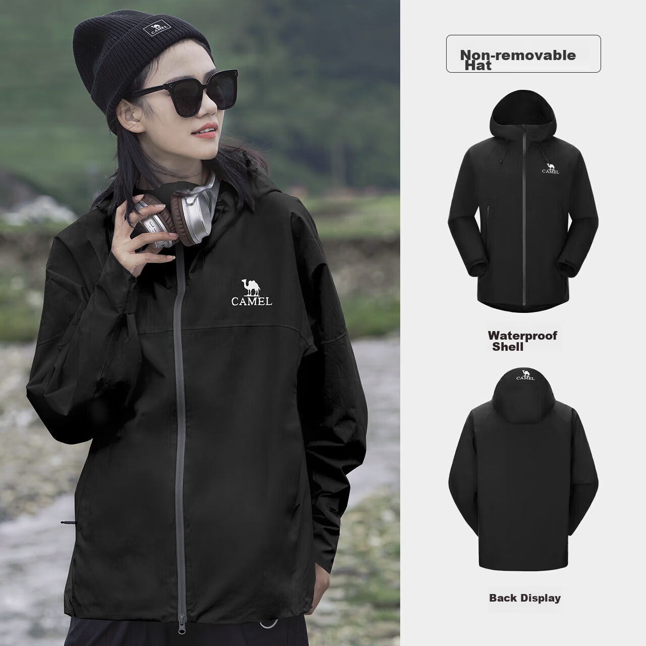 CAMEL Outdoor Single-Layer Waterproof Jacket Unisex Triple Protection Mountaineering Suit 6B001 Phantom Black, Unisex Size L