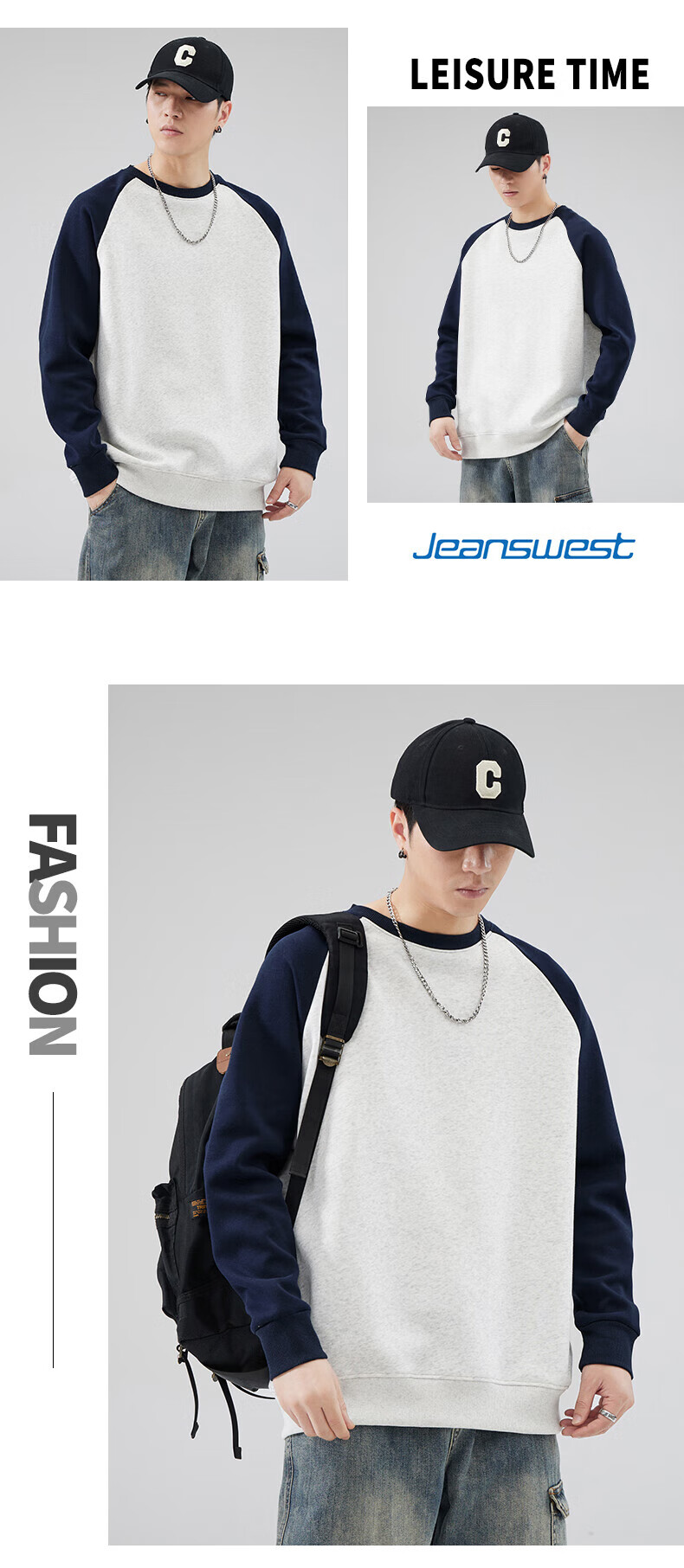 Jeanswest Men's Sweatshirt 2026 Spring Crewneck Pullover Drop Shoulder Colorblock Loose Casual Simple Fashion Navy Blue with White and Gray XL 8