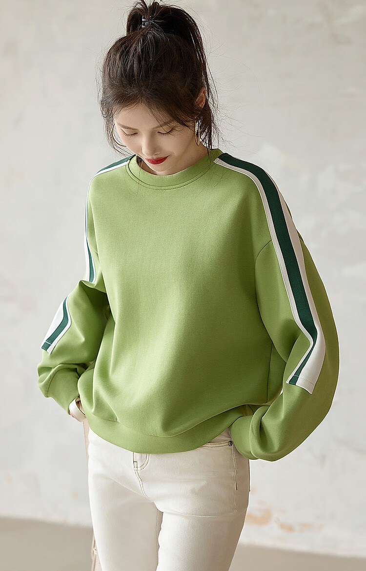 Dme [Stylish Blogger Style] Spring And Autumn Round Neck Long Sleeve Elastic Cotton Contrasting Color Sports Air Layer Sweatshirt Women's Top 10