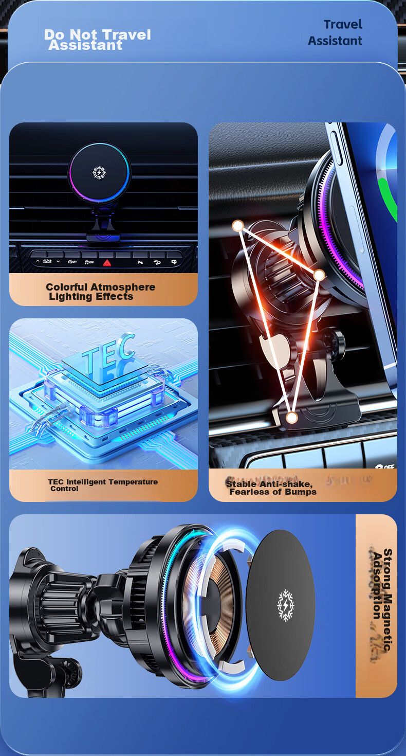 Dijialun Magnetic Car Phone Holder with Cooling, Wireless Fast Charger for Apple 18, Semiconductor Heat Dissipation, Car Ambient Light 2