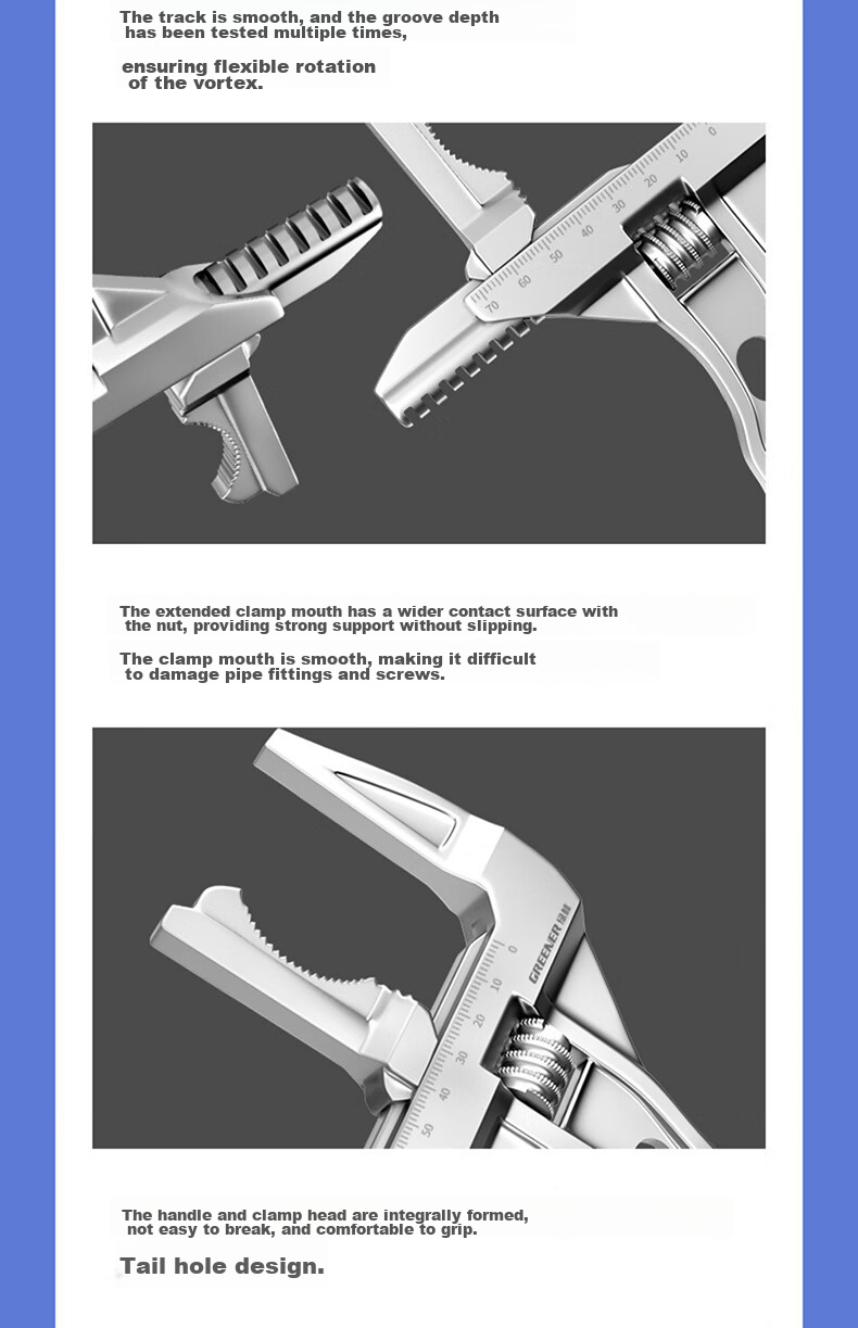GREENER Adjustable Wrench Plumbing Wrench Pipe Wrench Short Handle Universal Spanner 19