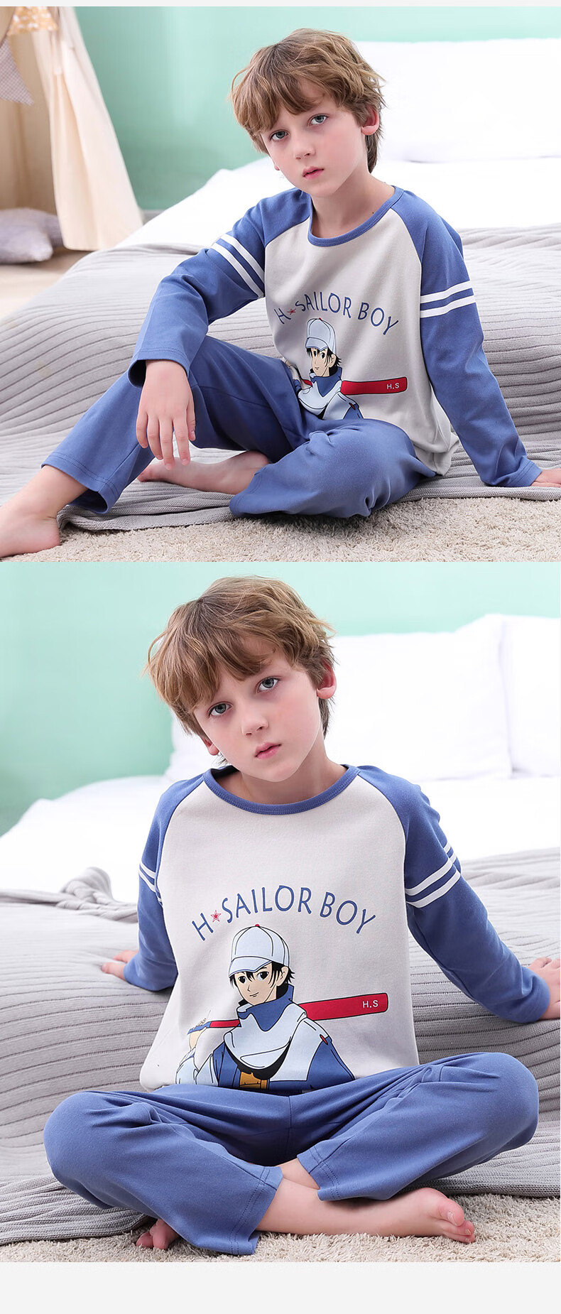 MiiOW Children's Pajamas for Boys, Spring And Autumn Style, Pure Cotton, Long-Sleeve Sleepwear Set for Kids And Teens, Star Fox Design, Size 150 10