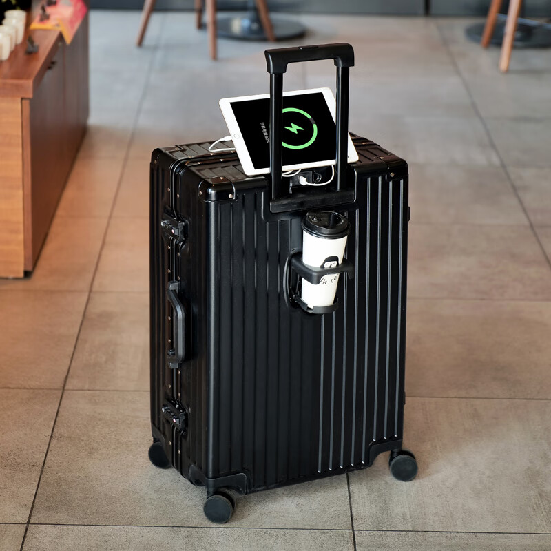 DULA Aluminum Frame Suitcase with Cup Holder, USB Charging Port, Password Lock, And Leather Case in Glossy Black, 26-Inch