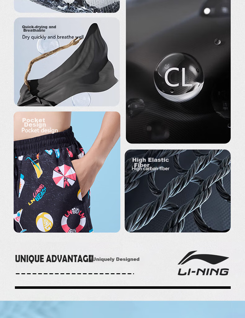 Li-Ning Swimming Trunks for Men, Quick-Drying Sports Swim Shorts, Anti-Embarrassment, Knee-Length Beach Shorts, Breathable, Anti-Exposure, Seaside Vacation, 327 Black Floral Pattern, 3XL 4