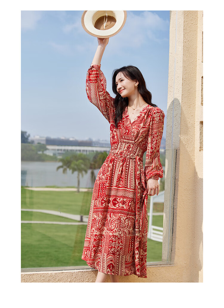 Sentubila Spring And Autumn Mid-Length Floral Print Red Dress, Elegant Goddess Style Slimming Vacation Dress, Red Floral Pattern, Size S 18