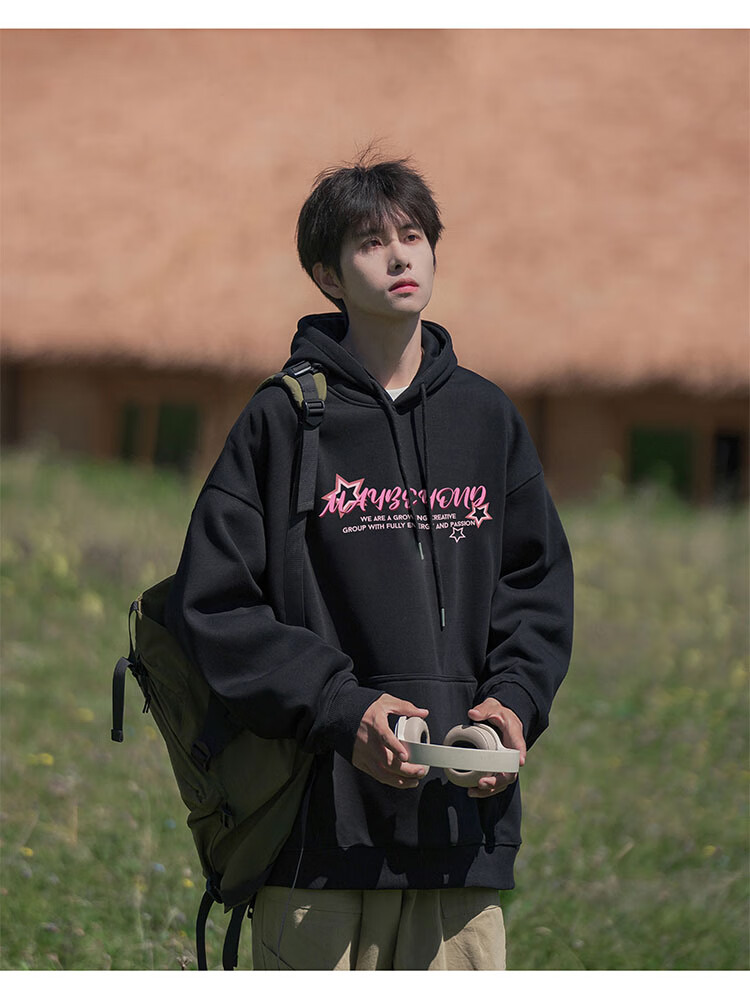 MAYBEYOND Hooded Sweatshirt for Men, Trendy Autumn And Winter American-Style Hoodie, Hong Kong Style Loose-Fitting Couple's Top, MA47 Black XL 3