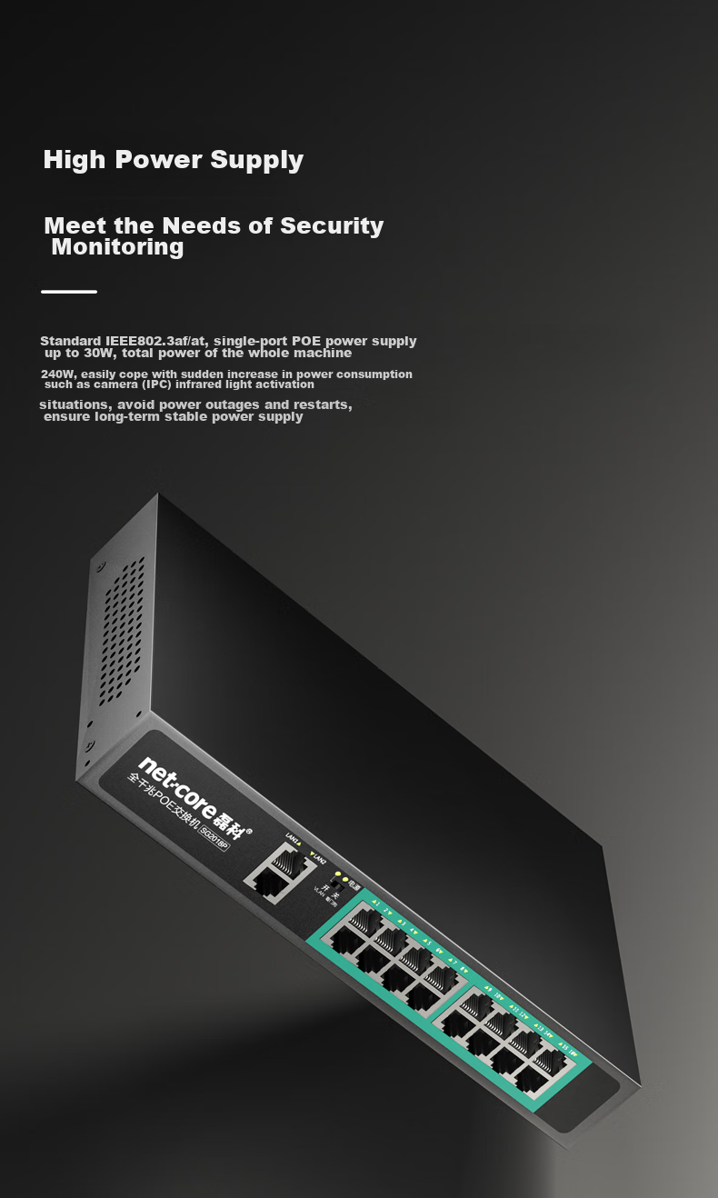 Netcore SG2018P, 18-Port Gigabit POE Switch, 16 Gigabit POE Ports + 2 Gigabit Cascading Ports, Surveillance Network Cable Splitter, Enterprise-Level Switch 5