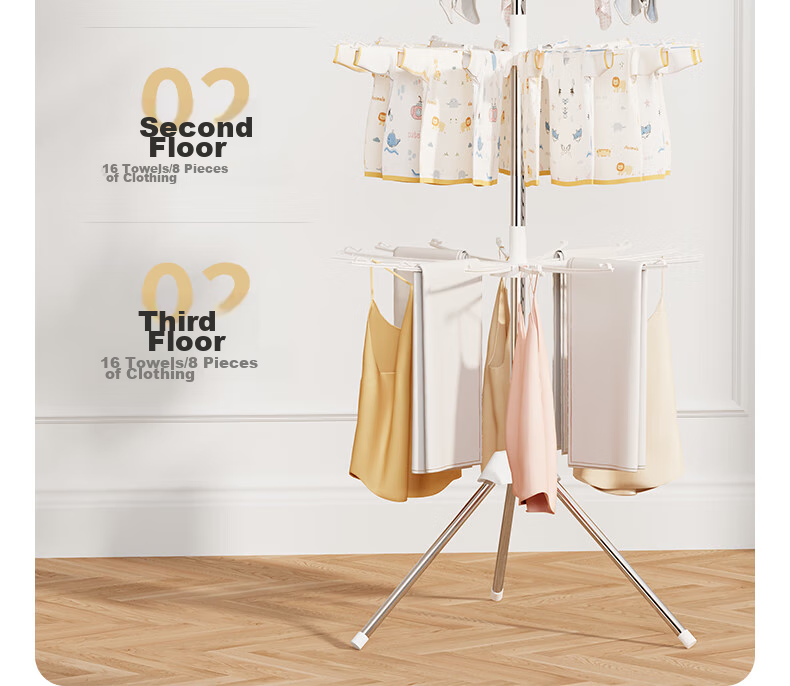 Siwangongli Baby Clothes Drying Rack, Floor-Standing Multifunctional Foldable Towel Hanger, Baby Diaper Hanger with Multiple Hooks, Three-Tier 3