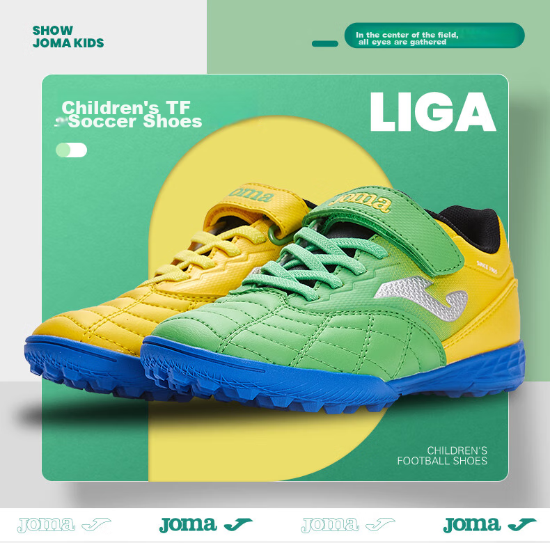 JOMA Velcro Children's Soccer Cleats, Molded Studs for Boys And Girls, Youth Student TF Football Training Shoes, Yellow-Green, Size 29 1