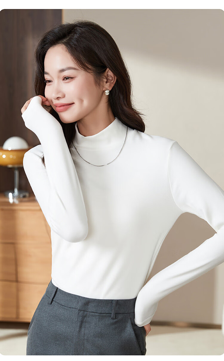 Woodpecker Women's Pure Cotton Half Turtleneck Slim Fit Stretch Long Sleeve Base T-Shirt 2025, White, M 9