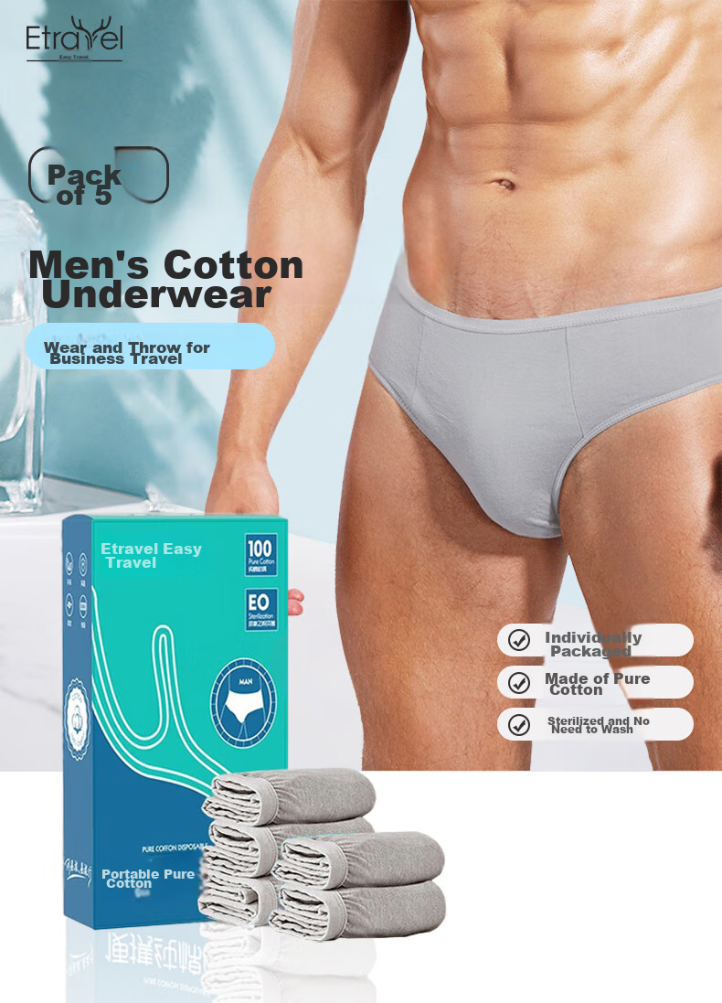 Etravel Disposable Men's Underwear, 5-Pack Pure Cotton Travel-Friendly No-Wash Daily Disposable Briefs, Gray Triangle, 3XL 1