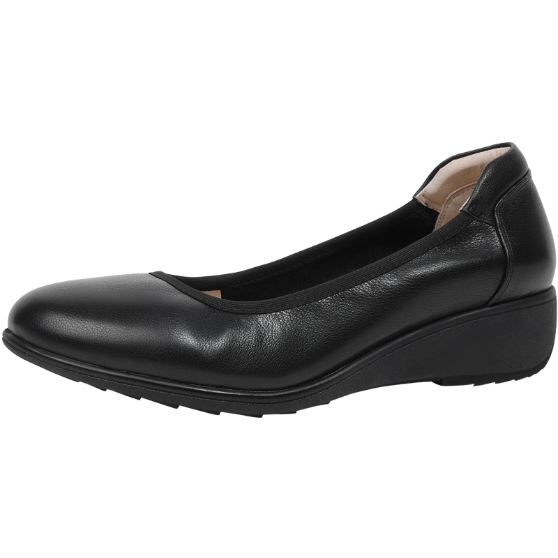 Goldlion Women's Wedge Leather Shoes, Fashionable Round Toe Cowhide Slip-On Loafers, G662320016 Black Size 40
