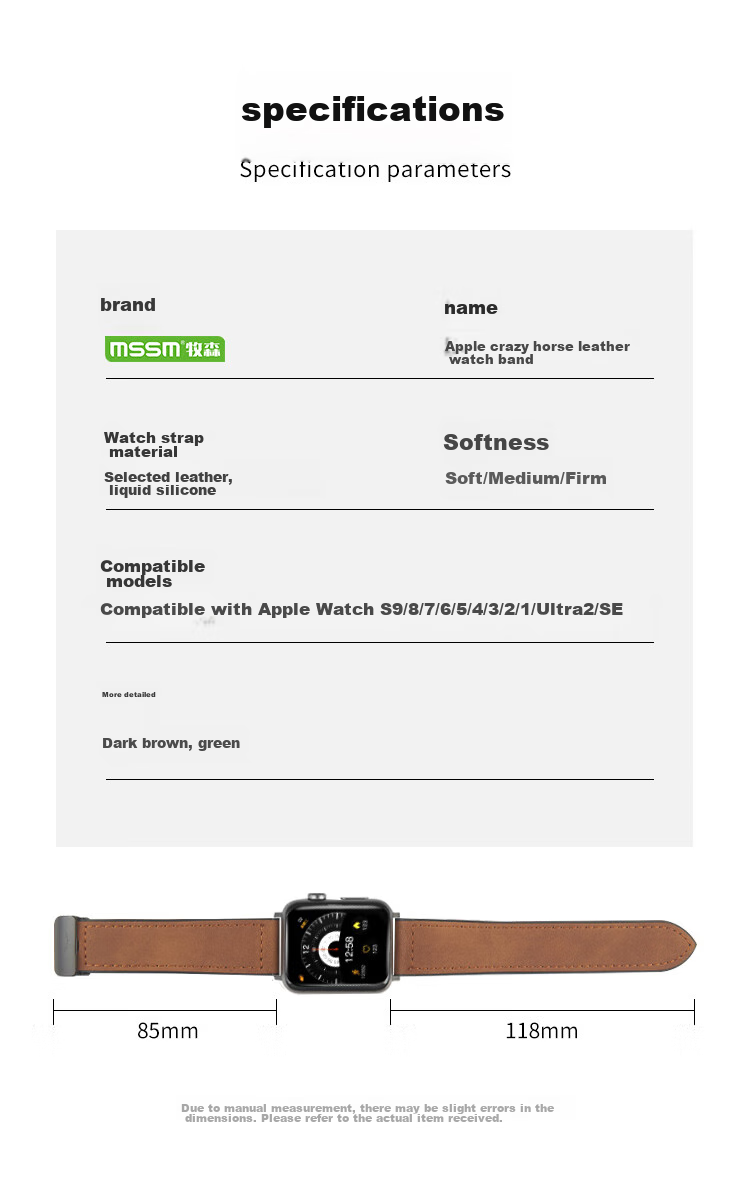 MSSM Compatible Apple Watch Band, Apple Watch Crazy Horse Pattern Magnetic Buckle Genuine Leather IWatch Strap S12/11/ultra4/S10/9/8/SE3, Dark Brown, 38-42 3