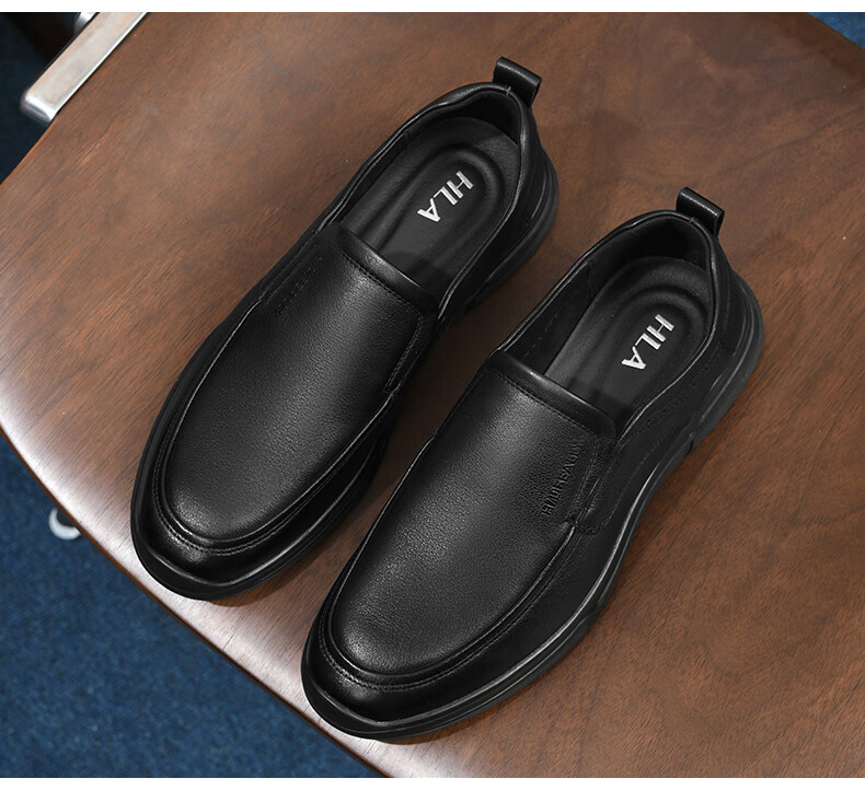 HLA Men's Leather Shoes, Fashionable Casual Cowhide Slip-On Soft-Soled Shoes HAAPXM1EAG057, Black, Size 41 12