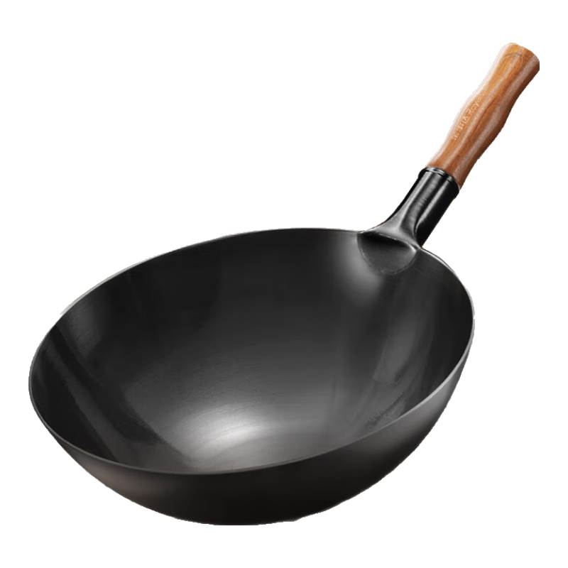 Royalstar Zhangqiu Wok, Uncoated Iron Pan, Forged Household Cooking Pan, Non-Stick Pan, Round Bottom, Specially Designed for Gas Stove, 32cm with Lid