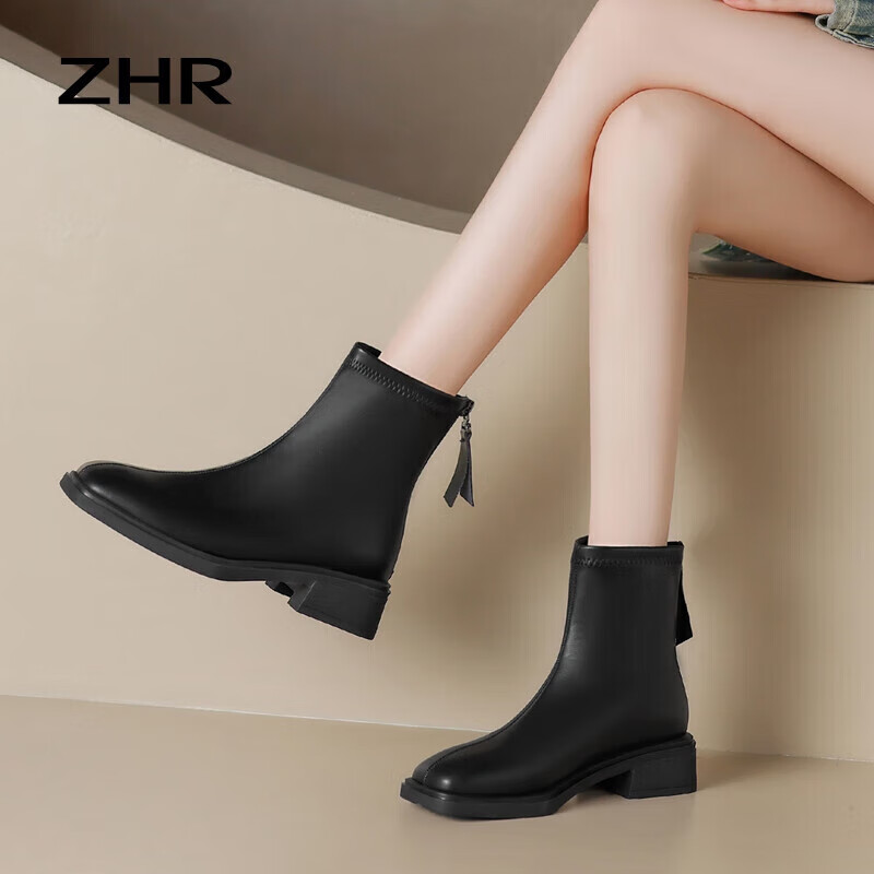 ZHR Women's Short Boots, Autumn And Winter Fleece-Lined, Warm Slim Boots, Fashionable Elegant Back-Zip Women's Boots, BL210A, Black, Size 35