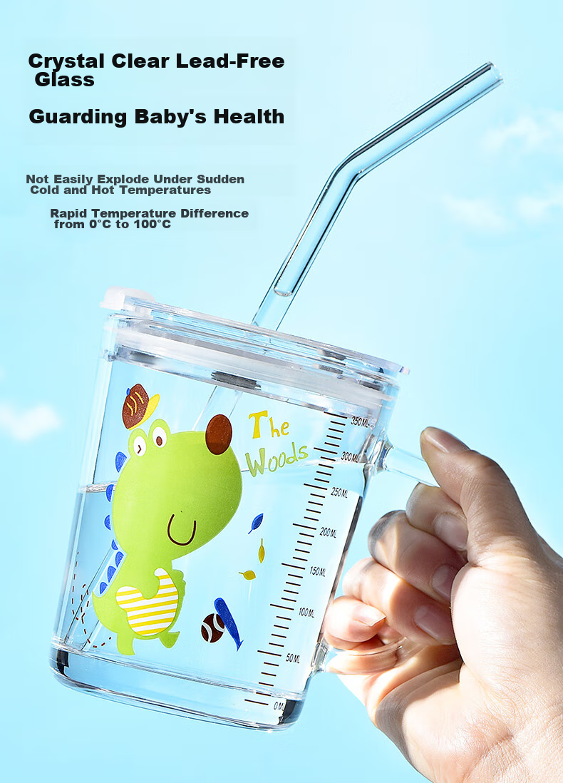COOKSS Children's Milk Cup Glass Cup Home Drinking Cup with Scale And Straw Water Bottle Baby Formula Mixing Cup Green Dinosaur 2