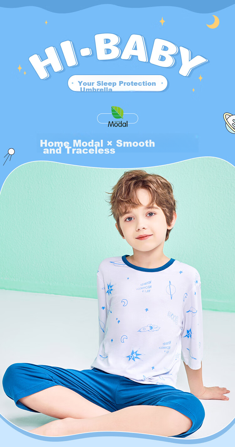LangSha Children's Pajamas, Boys' Summer Thin Modal Sleepwear, Youth Three-Quarter Sleeve Home Wear Set, Blue, Size 120 1