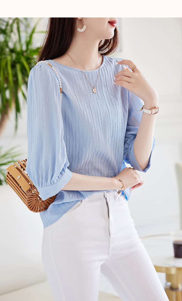 Dme [French Textured Shirt] Summer Commuter Round Neck Lantern Sleeve Blouse Women's Top, Off-White, L 15
