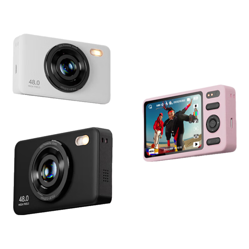 BENJIE Digital Camera CCD Student Point-And Camera with Image Stabilization, COMS High-Definition Mini Entry-Level Camera with Quick Direct Transfer, Front And Rear Dual Cameras, 2.8-Inch IPS Screen, 64GB Pink